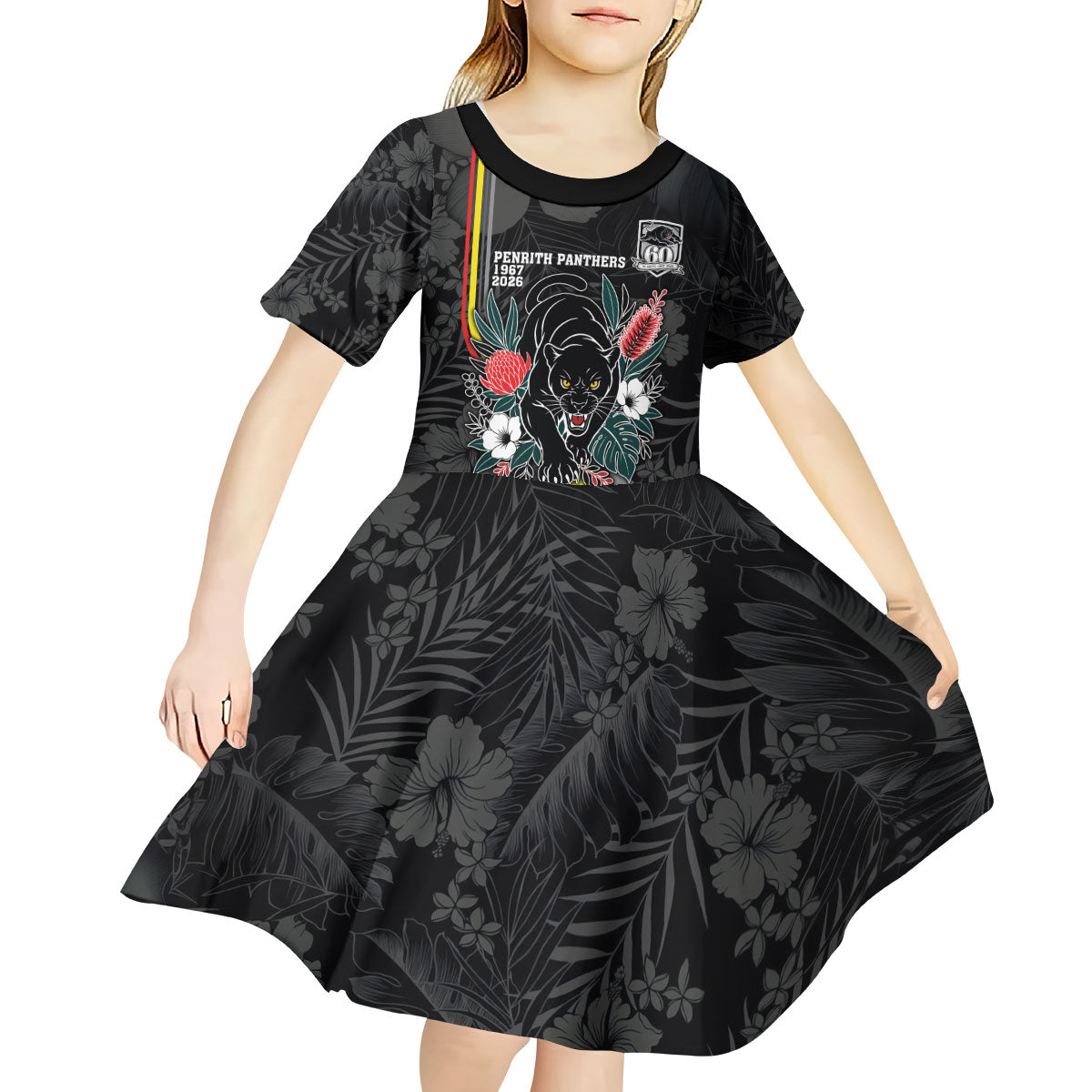 Penrith Panthers 60th Anniversary Custom Kid Short Sleeve Dress Native Australian Protea And Hibiscus Tropical Floral
