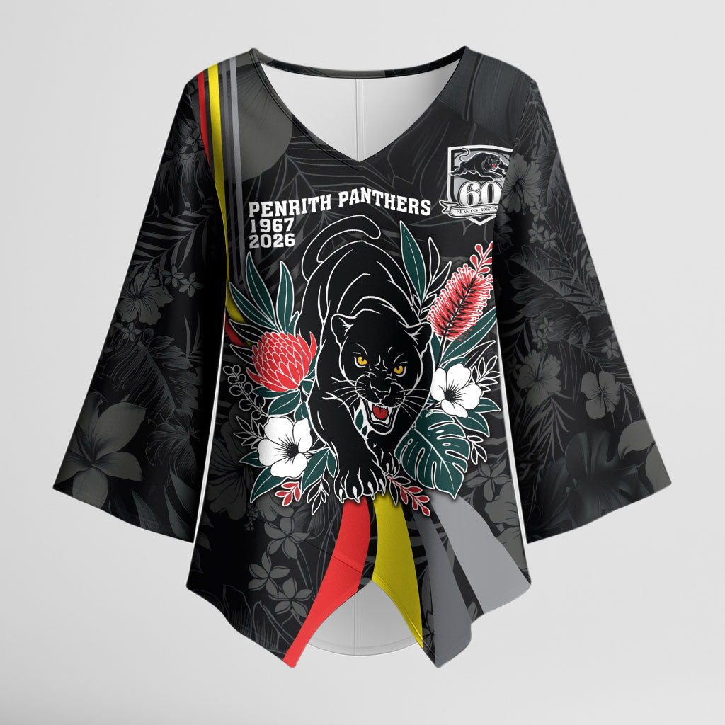 Penrith Panthers 60th Anniversary Custom Kimono Sleeve Blouse Native Australian Protea And Hibiscus Tropical Floral
