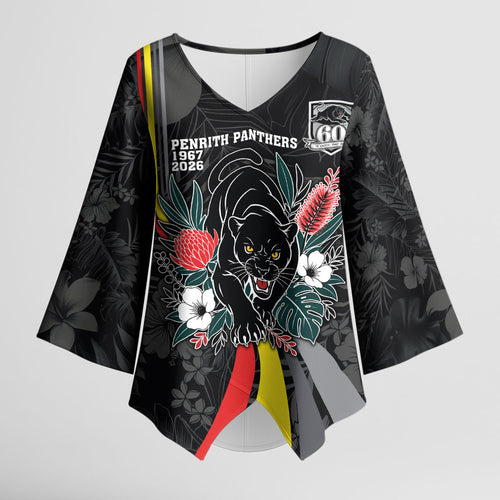 Penrith Panthers 60th Anniversary Custom Kimono Sleeve Blouse Native Australian Protea And Hibiscus Tropical Floral