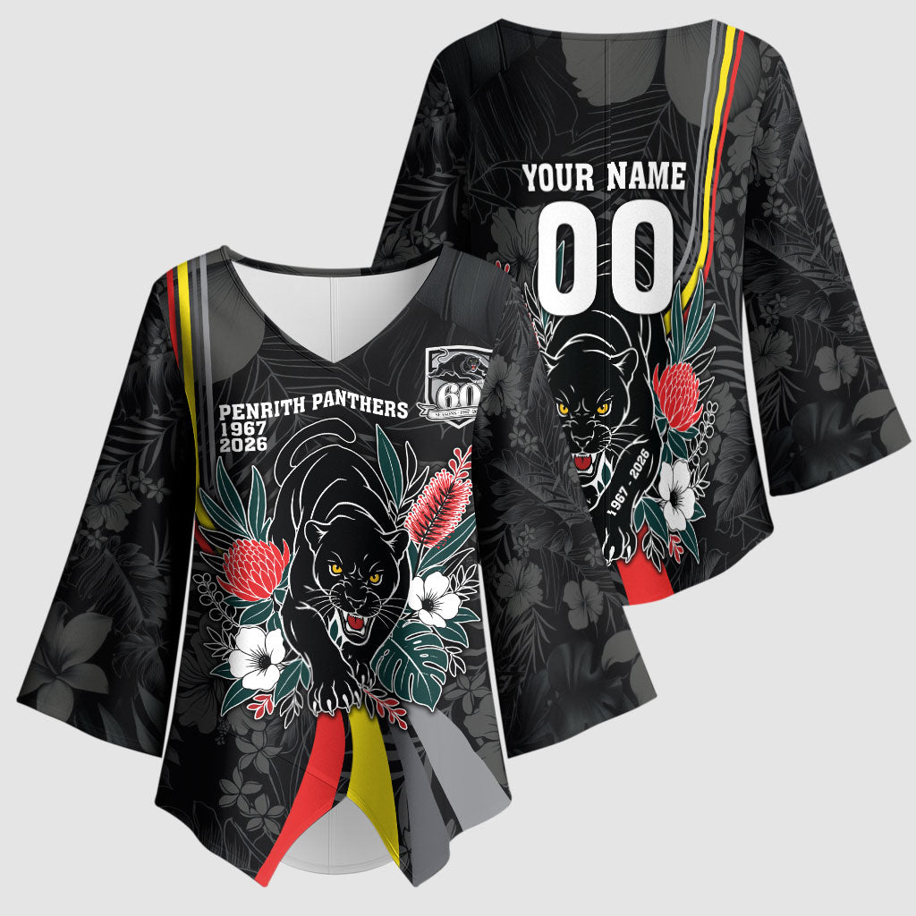 Penrith Panthers 60th Anniversary Custom Kimono Sleeve Blouse Native Australian Protea And Hibiscus Tropical Floral