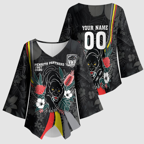 Penrith Panthers 60th Anniversary Custom Kimono Sleeve Blouse Native Australian Protea And Hibiscus Tropical Floral