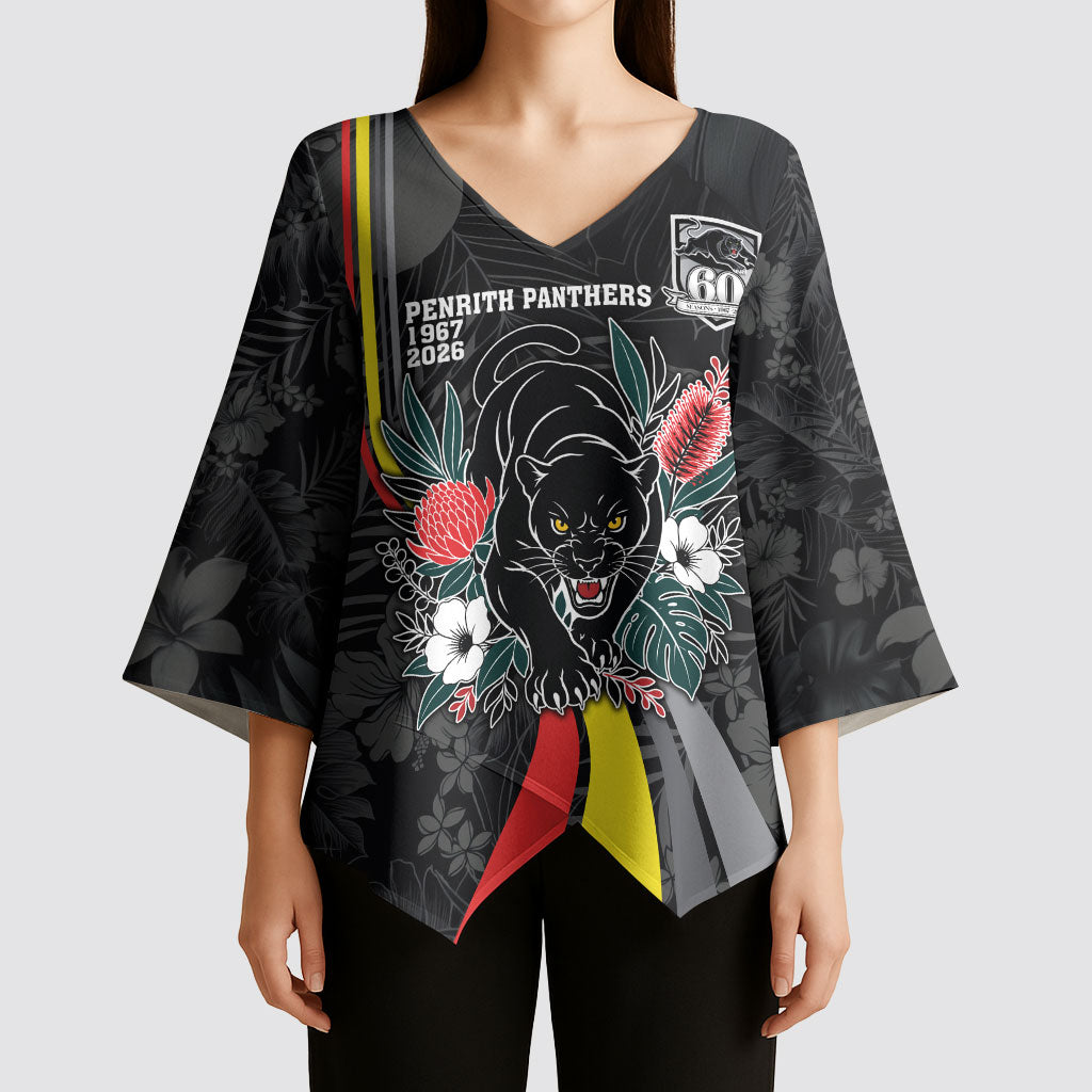 Penrith Panthers 60th Anniversary Custom Kimono Sleeve Blouse Native Australian Protea And Hibiscus Tropical Floral