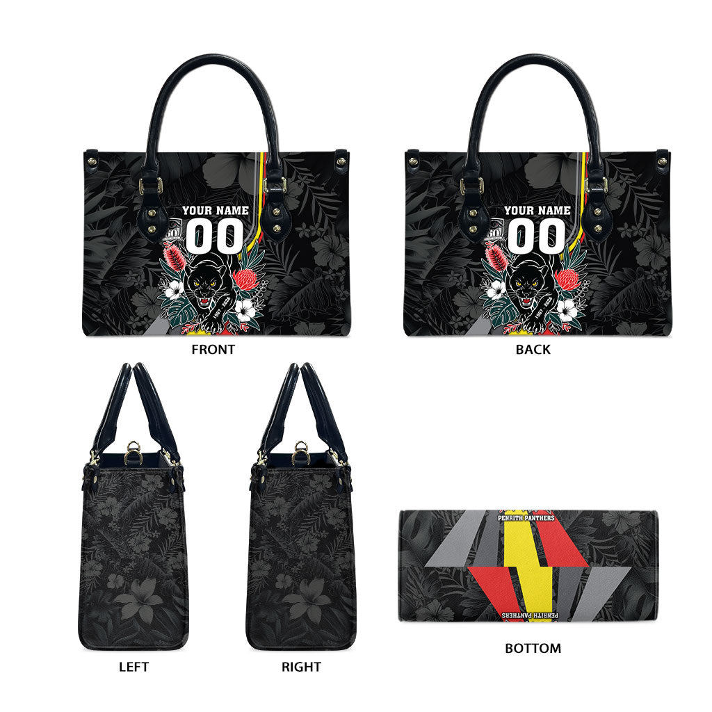 Penrith Panthers 60th Anniversary Custom Leather Bag Native Australian Protea And Hibiscus Tropical Floral