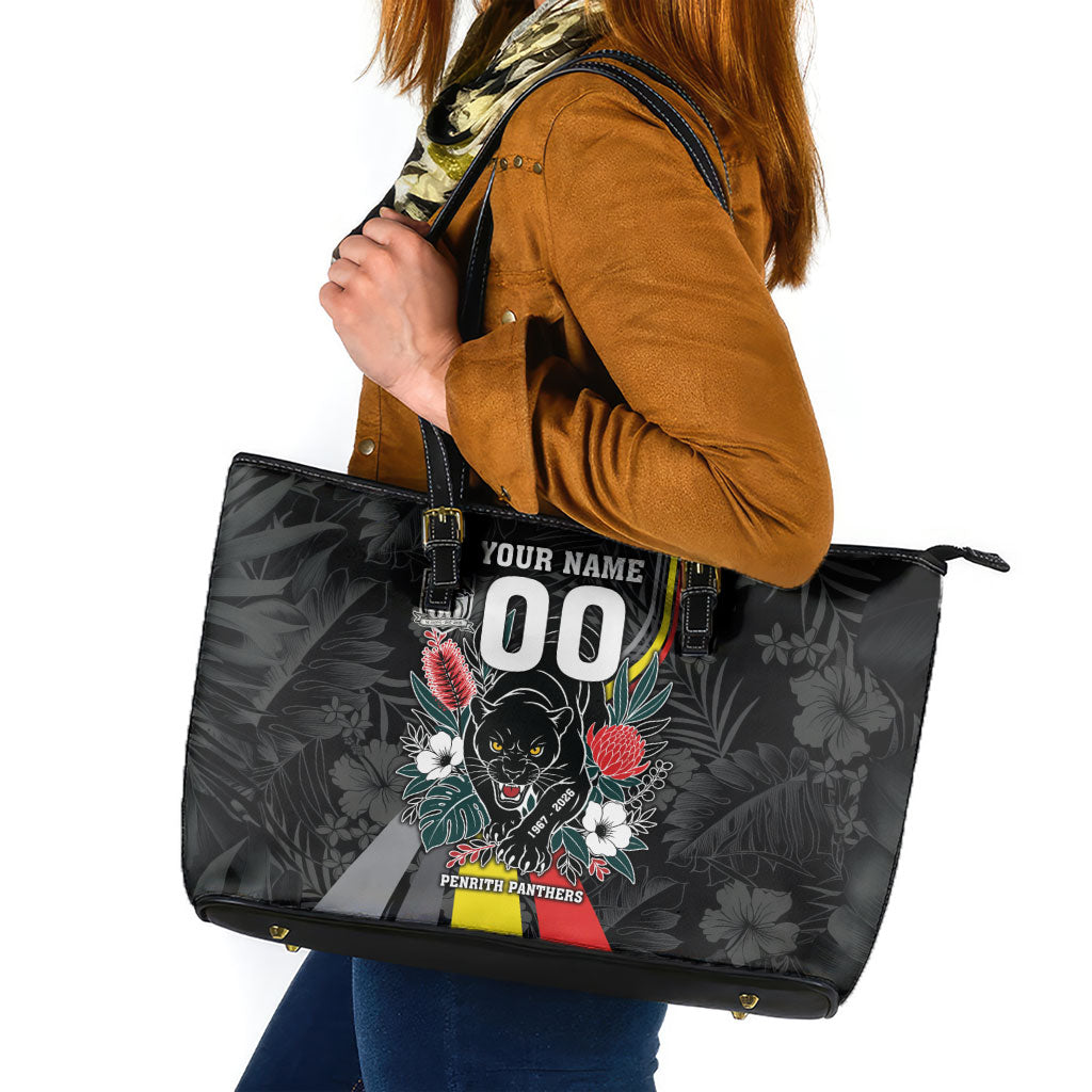 Penrith Panthers 60th Anniversary Custom Leather Tote Bag Native Australian Protea And Hibiscus Tropical Floral