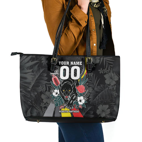 Penrith Panthers 60th Anniversary Custom Leather Tote Bag Native Australian Protea And Hibiscus Tropical Floral
