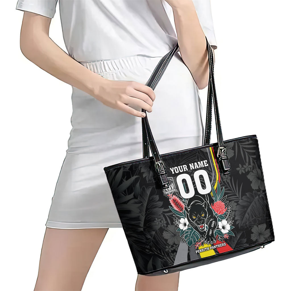 Penrith Panthers 60th Anniversary Custom Leather Tote Bag Native Australian Protea And Hibiscus Tropical Floral