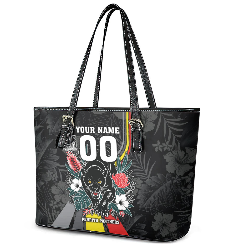 Penrith Panthers 60th Anniversary Custom Leather Tote Bag Native Australian Protea And Hibiscus Tropical Floral