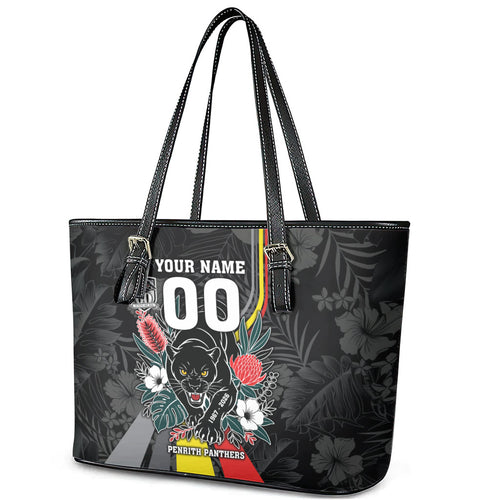 Penrith Panthers 60th Anniversary Custom Leather Tote Bag Native Australian Protea And Hibiscus Tropical Floral