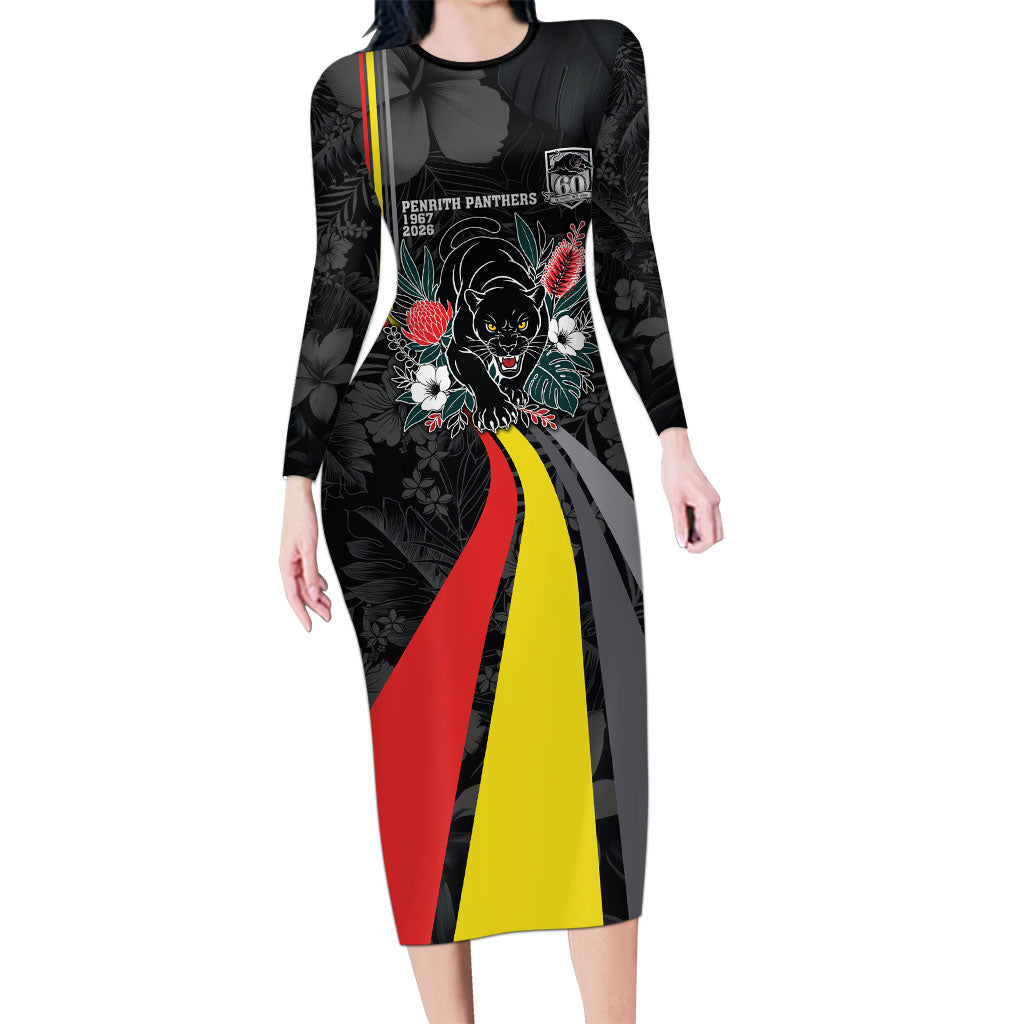 Penrith Panthers 60th Anniversary Custom Long Sleeve Bodycon Dress Native Australian Protea And Hibiscus Tropical Floral