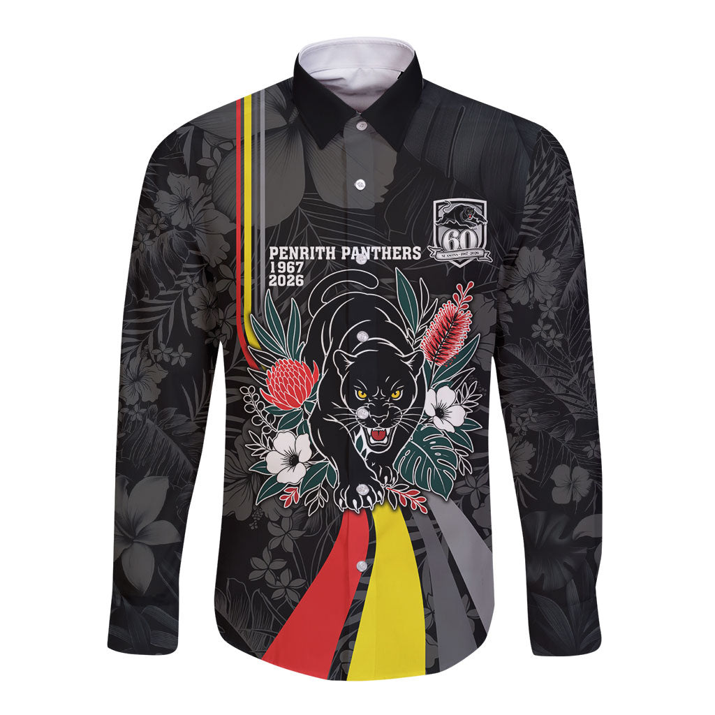Penrith Panthers 60th Anniversary Custom Long Sleeve Button Shirt Native Australian Protea And Hibiscus Tropical Floral