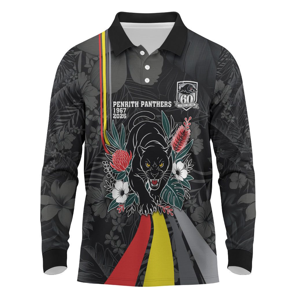 Penrith Panthers 60th Anniversary Custom Long Sleeve Polo Shirt Native Australian Protea And Hibiscus Tropical Floral