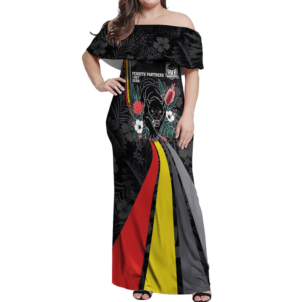 Penrith Panthers 60th Anniversary Custom Off Shoulder Maxi Dress Native Australian Protea And Hibiscus Tropical Floral