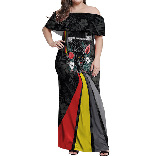 Penrith Panthers 60th Anniversary Custom Off Shoulder Maxi Dress Native Australian Protea And Hibiscus Tropical Floral