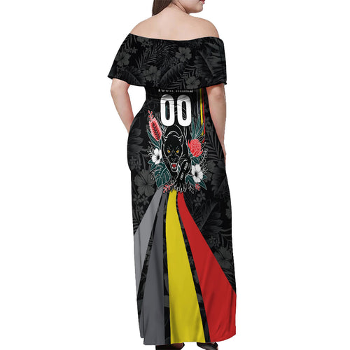 Penrith Panthers 60th Anniversary Custom Off Shoulder Maxi Dress Native Australian Protea And Hibiscus Tropical Floral