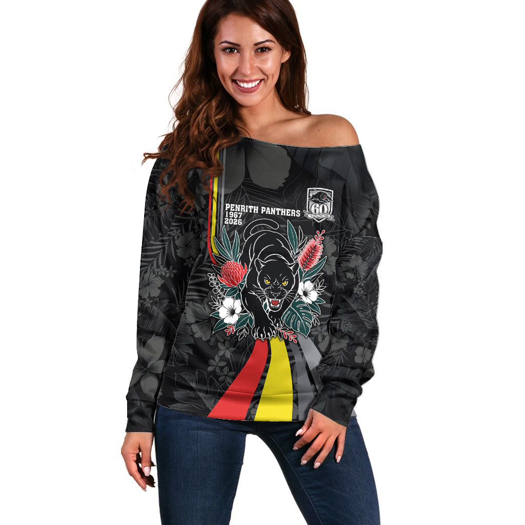 Penrith Panthers 60th Anniversary Custom Off Shoulder Sweater Native Australian Protea And Hibiscus Tropical Floral