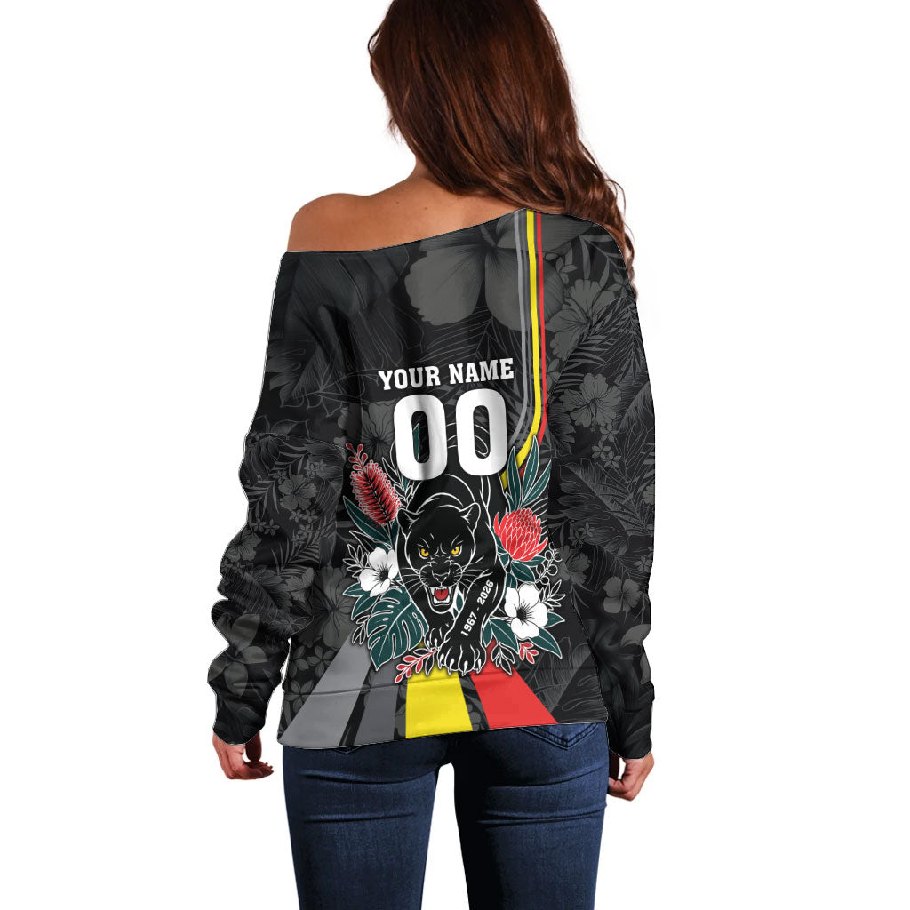 Penrith Panthers 60th Anniversary Custom Off Shoulder Sweater Native Australian Protea And Hibiscus Tropical Floral