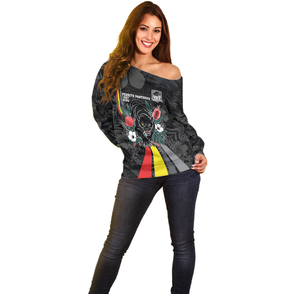 Penrith Panthers 60th Anniversary Custom Off Shoulder Sweater Native Australian Protea And Hibiscus Tropical Floral