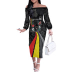 Penrith Panthers 60th Anniversary Custom Off The Shoulder Long Sleeve Dress Native Australian Protea And Hibiscus Tropical Floral