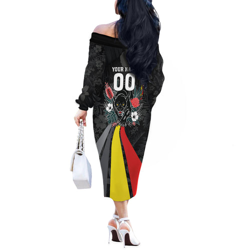 Penrith Panthers 60th Anniversary Custom Off The Shoulder Long Sleeve Dress Native Australian Protea And Hibiscus Tropical Floral