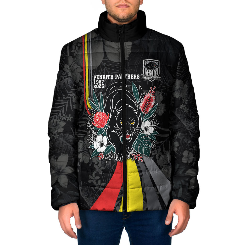Penrith Panthers 60th Anniversary Custom Padded Jacket Native Australian Protea And Hibiscus Tropical Floral
