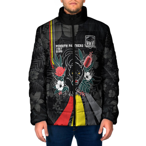 Penrith Panthers 60th Anniversary Custom Padded Jacket Native Australian Protea And Hibiscus Tropical Floral