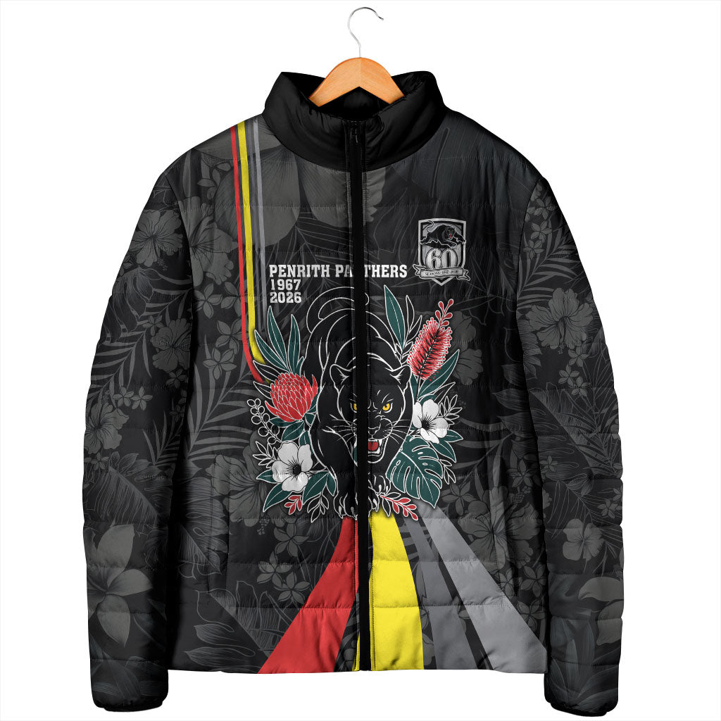 Penrith Panthers 60th Anniversary Custom Padded Jacket Native Australian Protea And Hibiscus Tropical Floral