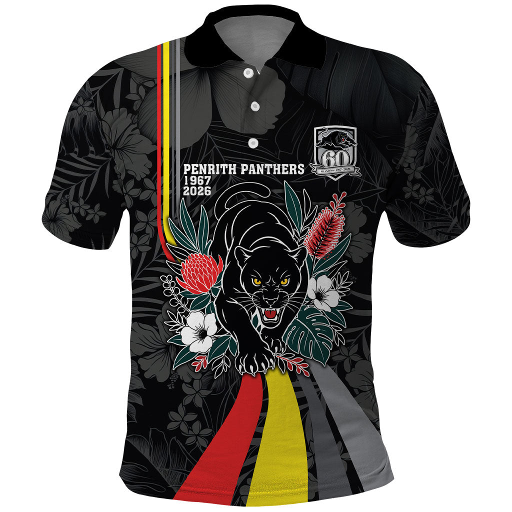 Penrith Panthers 60th Anniversary Custom Polo Shirt Native Australian Protea And Hibiscus Tropical Floral