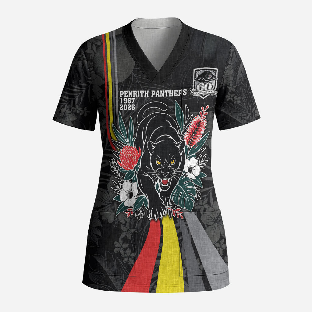 Penrith Panthers 60th Anniversary Custom Scrub Top Native Australian Protea And Hibiscus Tropical Floral