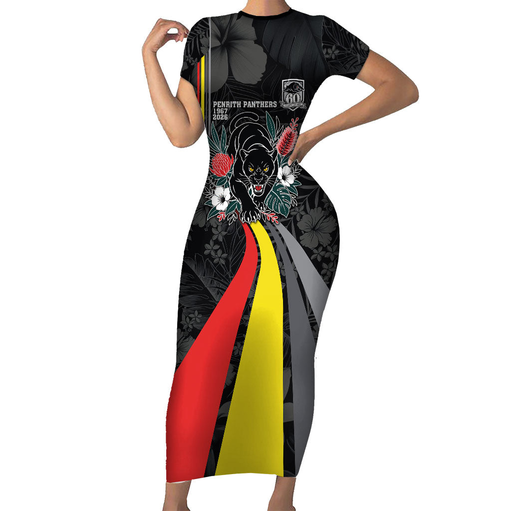 Penrith Panthers 60th Anniversary Custom Short Sleeve Bodycon Dress Native Australian Protea And Hibiscus Tropical Floral