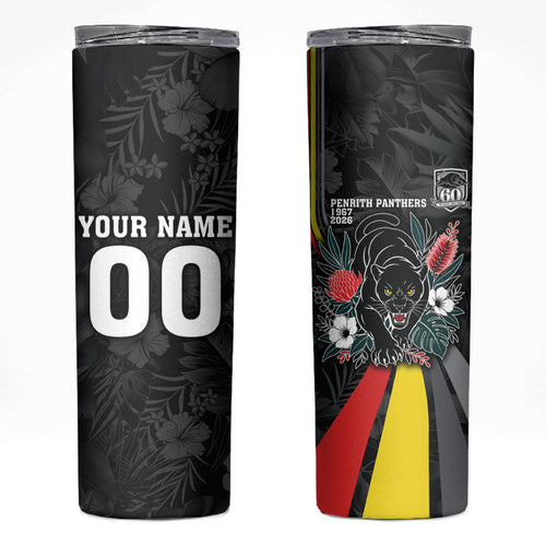 Penrith Panthers 60th Anniversary Custom Skinny Tumbler Native Australian Protea And Hibiscus Tropical Floral
