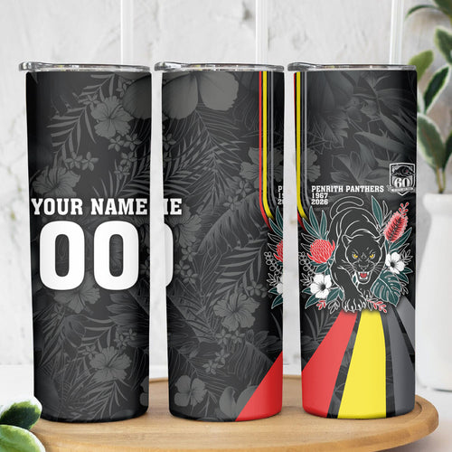 Penrith Panthers 60th Anniversary Custom Skinny Tumbler Native Australian Protea And Hibiscus Tropical Floral