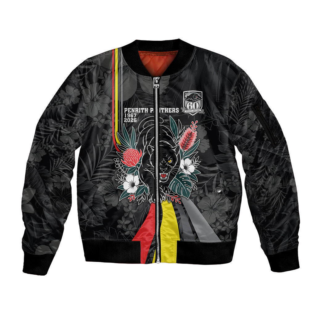 Penrith Panthers 60th Anniversary Custom Sleeve Zip Bomber Jacket Native Australian Protea And Hibiscus Tropical Floral