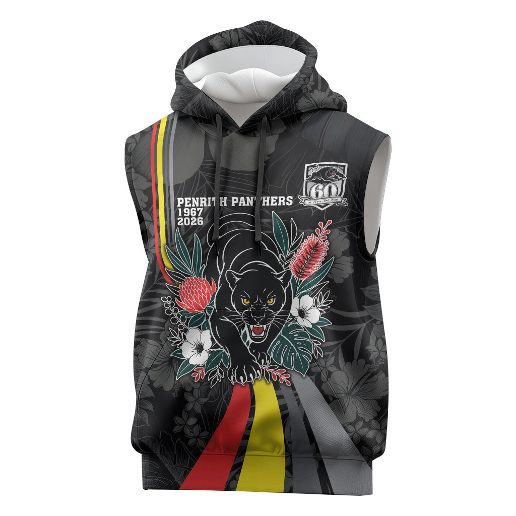 Penrith Panthers 60th Anniversary Custom Sleeveless Hoodie Native Australian Protea And Hibiscus Tropical Floral