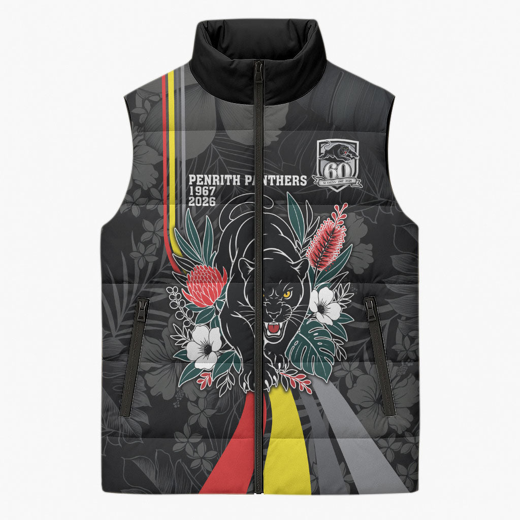 Penrith Panthers 60th Anniversary Custom Sleeveless Puffer Jacket Native Australian Protea And Hibiscus Tropical Floral