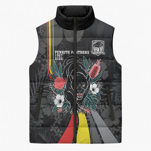 Penrith Panthers 60th Anniversary Custom Sleeveless Puffer Jacket Native Australian Protea And Hibiscus Tropical Floral