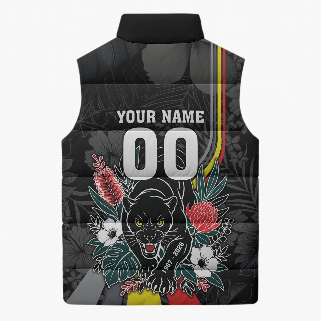 Penrith Panthers 60th Anniversary Custom Sleeveless Puffer Jacket Native Australian Protea And Hibiscus Tropical Floral