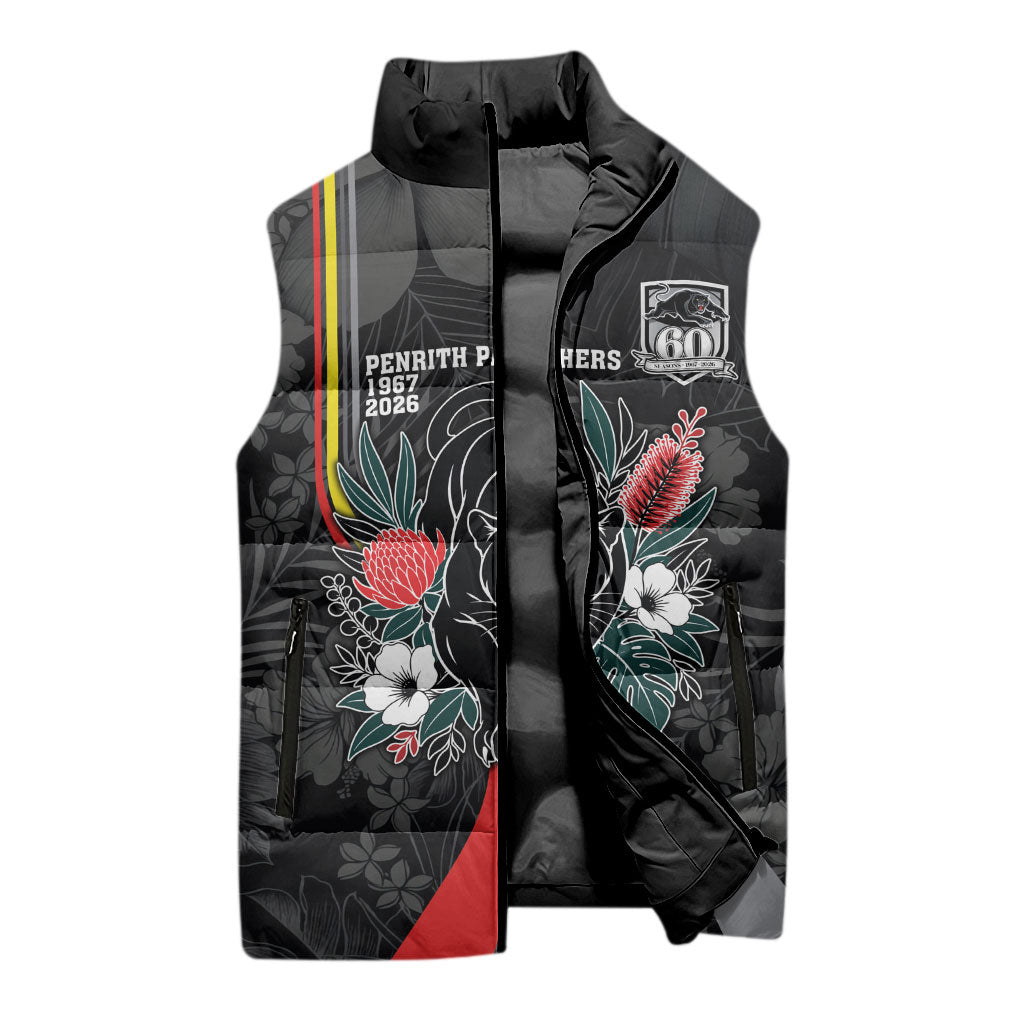 Penrith Panthers 60th Anniversary Custom Sleeveless Puffer Jacket Native Australian Protea And Hibiscus Tropical Floral