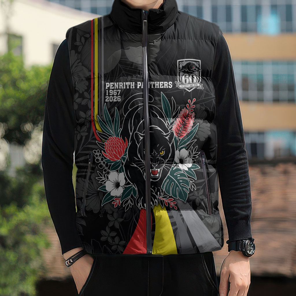 Penrith Panthers 60th Anniversary Custom Sleeveless Puffer Jacket Native Australian Protea And Hibiscus Tropical Floral