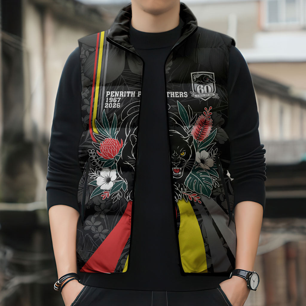 Penrith Panthers 60th Anniversary Custom Sleeveless Puffer Jacket Native Australian Protea And Hibiscus Tropical Floral