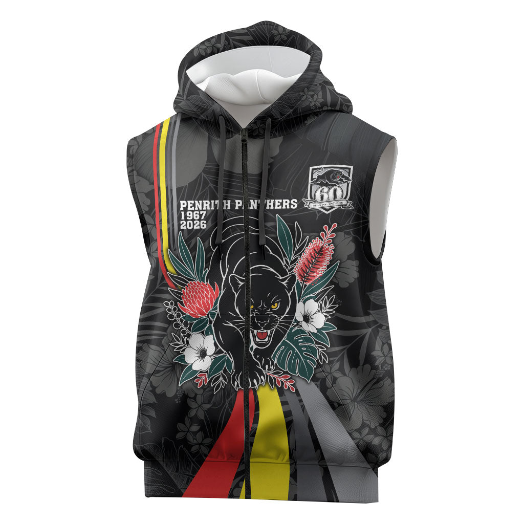 Penrith Panthers 60th Anniversary Custom Sleeveless Zip Hoodie Native Australian Protea And Hibiscus Tropical Floral
