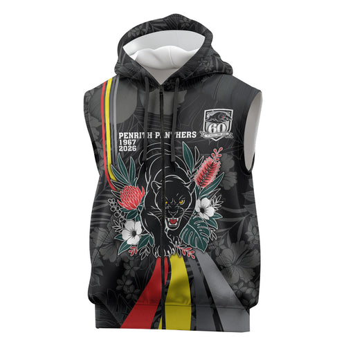 Penrith Panthers 60th Anniversary Custom Sleeveless Zip Hoodie Native Australian Protea And Hibiscus Tropical Floral