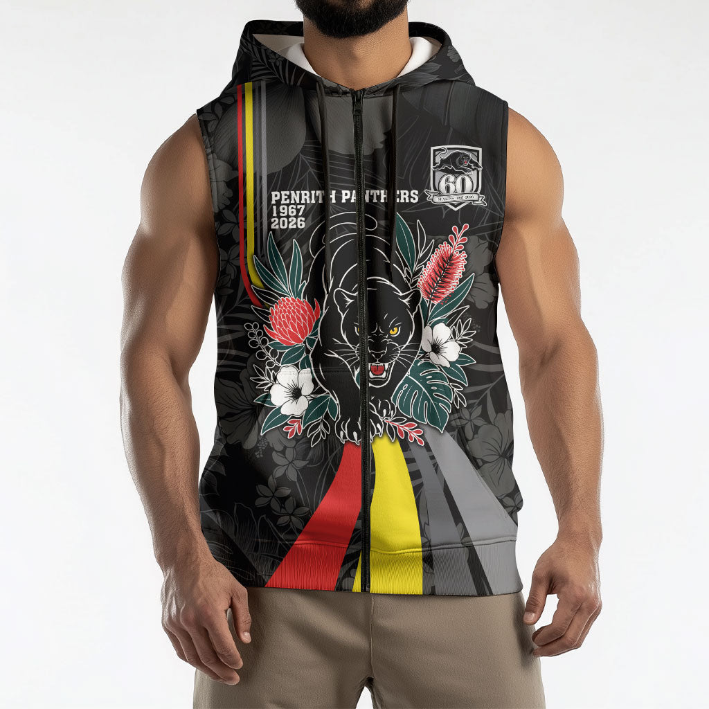 Penrith Panthers 60th Anniversary Custom Sleeveless Zip Hoodie Native Australian Protea And Hibiscus Tropical Floral