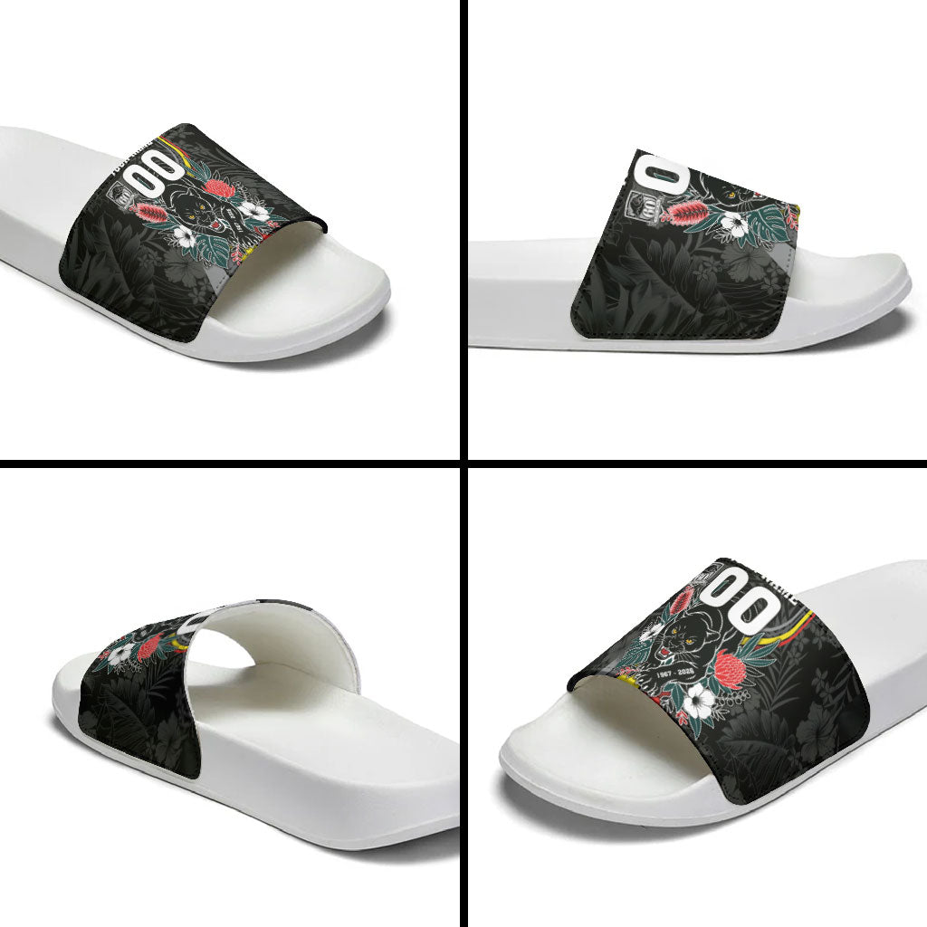 Penrith Panthers 60th Anniversary Custom Slide Sandals Native Australian Protea And Hibiscus Tropical Floral