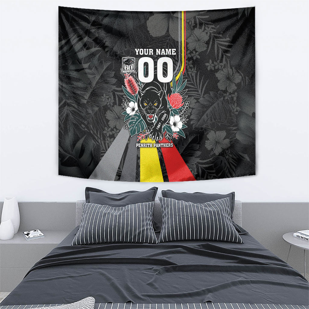 Penrith Panthers 60th Anniversary Custom Tapestry Native Australian Protea And Hibiscus Tropical Floral
