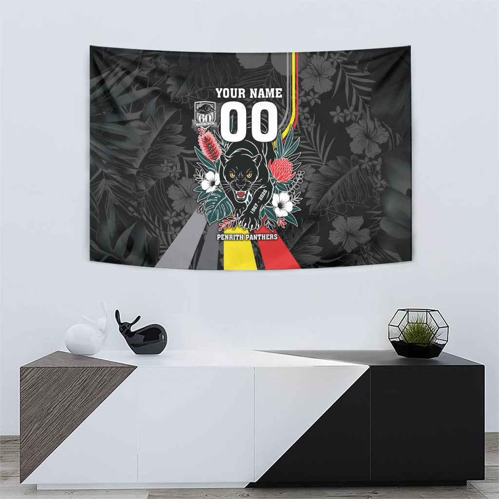 Penrith Panthers 60th Anniversary Custom Tapestry Native Australian Protea And Hibiscus Tropical Floral