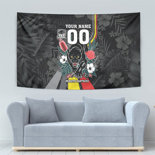 Penrith Panthers 60th Anniversary Custom Tapestry Native Australian Protea And Hibiscus Tropical Floral