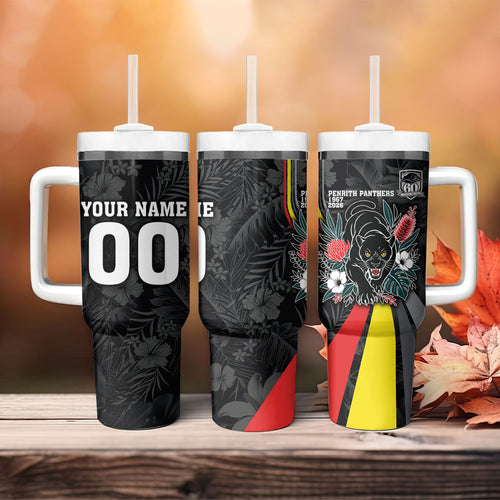 Penrith Panthers 60th Anniversary Custom Tumbler With Handle Native Australian Protea And Hibiscus Tropical Floral