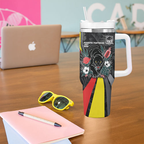 Penrith Panthers 60th Anniversary Custom Tumbler With Handle Native Australian Protea And Hibiscus Tropical Floral