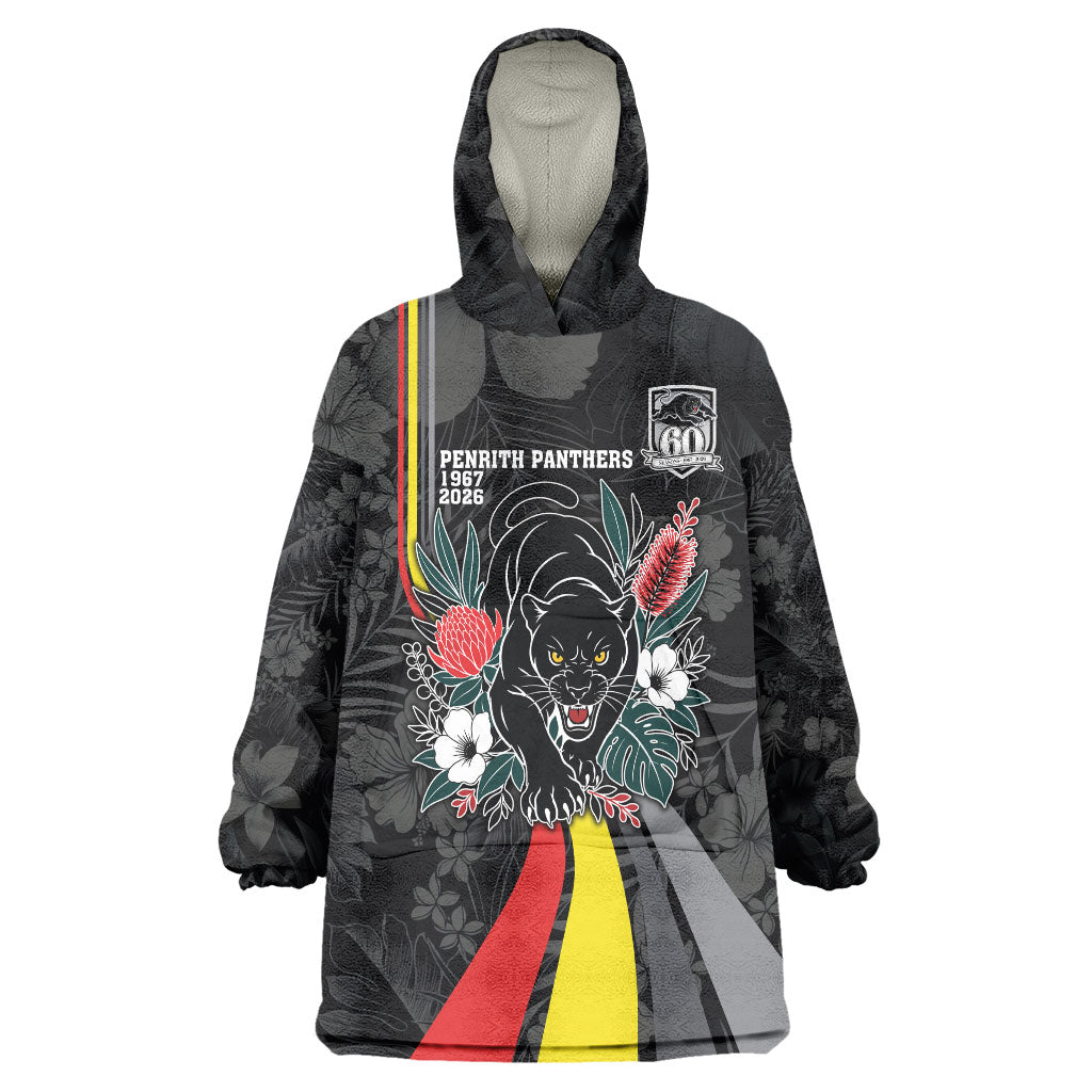 Penrith Panthers 60th Anniversary Custom Wearable Blanket Hoodie Native Australian Protea And Hibiscus Tropical Floral