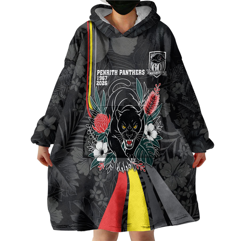 Penrith Panthers 60th Anniversary Custom Wearable Blanket Hoodie Native Australian Protea And Hibiscus Tropical Floral